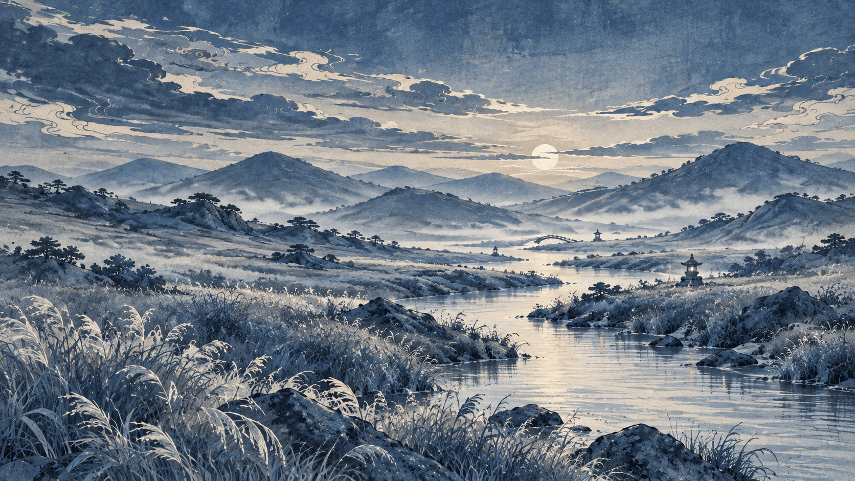 A grey ink landscape with a winding river and quiet sun